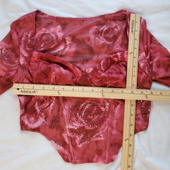 Shein Bae Long Sleeve Mesh Corset Top With Rhinestones - Floral Rose Print - Picture 5 of 8